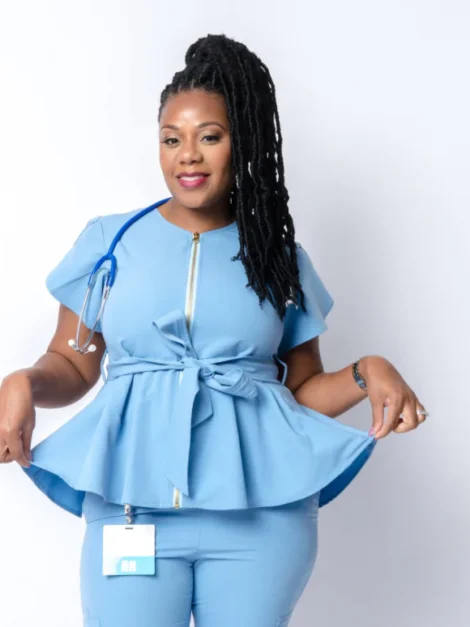 Belted ruffle-top & Skinny Scrub Pants. Comfortable Elegant Short Sleeve Workwear