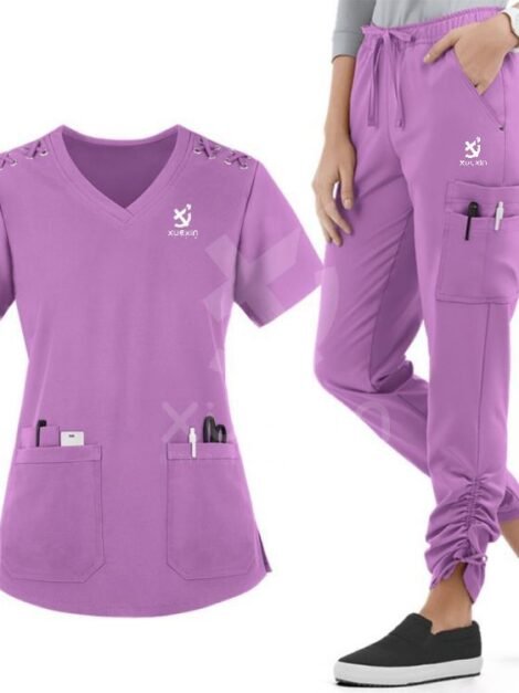 Stretchable 2-Piece Set: Stacked Pants & Shoulder Lace V-Neck Shirt